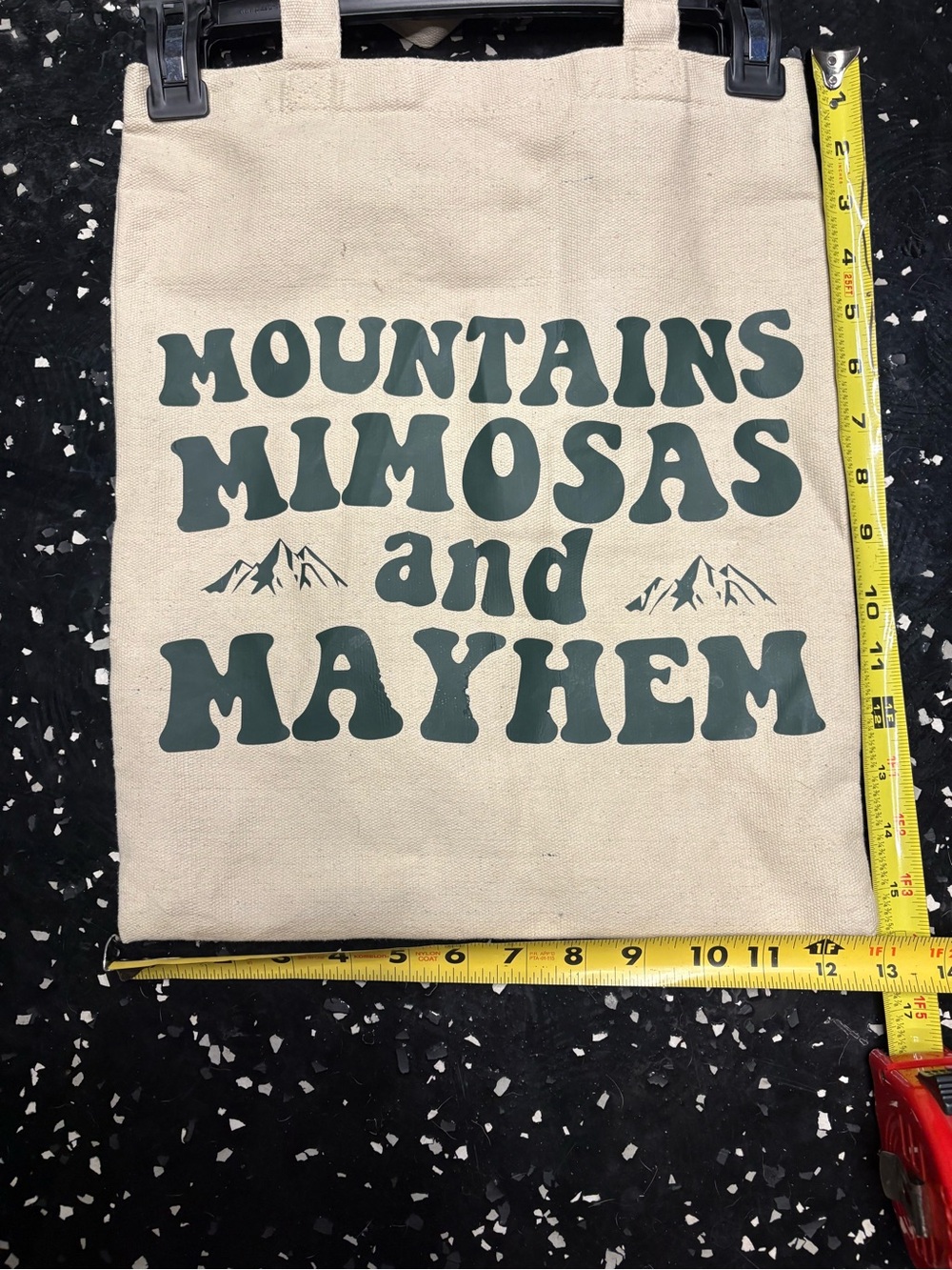 Canvas Tote Bag "Mountains Mimosas and Mayhem" - Natural with Dark Green Print